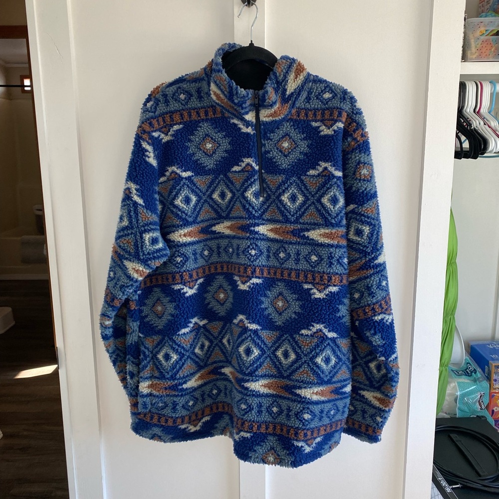 Wrangler Jacket Men's Large Blue Aztec Southwestern Sherpa Pullover Quarter Zip
